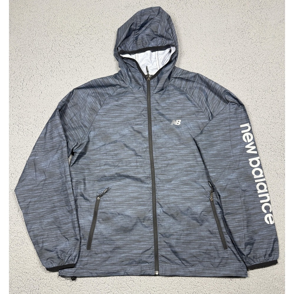 New Balance Jacket Mens Large Blue Hooded Full Zip Windbreaker Running Gym‎